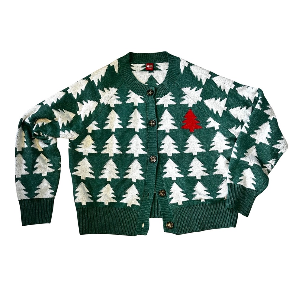 Dec‎ 25th Christmas Tree Cardigan Sweater Green White Red Large Holiday Knit
